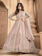 Myra Dusty Pink Butterfly Net Embroidered Anarkali Suit | Grocsy
