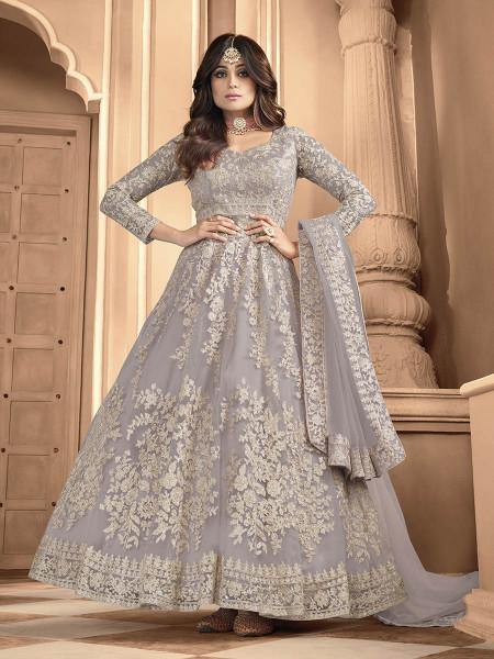 Myra Dusty Grey Butterfly Net Embroidered Anarkali Suit | Grocsy