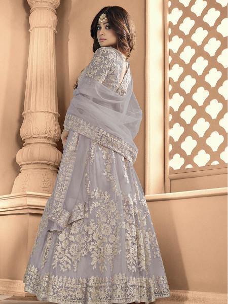 Myra Dusty Grey Butterfly Net Embroidered Anarkali Suit | Grocsy