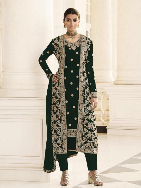 Myra Deep Green Jacket style Heavy Embroidered Suit | Grocsy