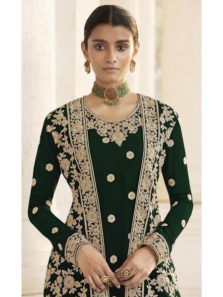Myra Deep Green Jacket style Heavy Embroidered Suit | Grocsy