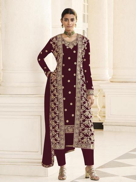 Myra Maroon Jacket style Heavy Embroidered Suit | Grocsy