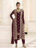 Myra Maroon Jacket style Heavy Embroidered Suit | Grocsy