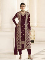 Myra Maroon Jacket style Heavy Embroidered Suit | Grocsy