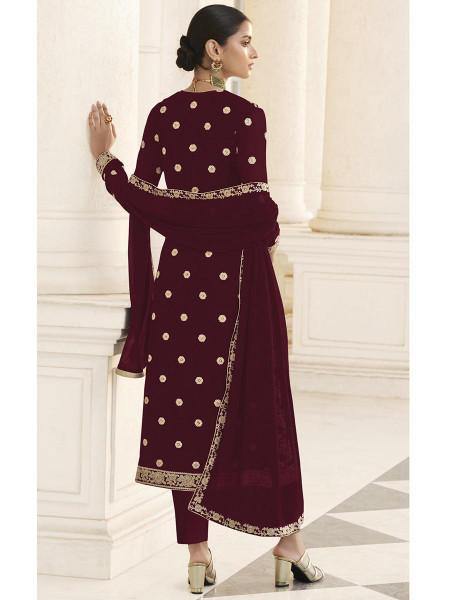Myra Maroon Jacket style Heavy Embroidered Suit | Grocsy