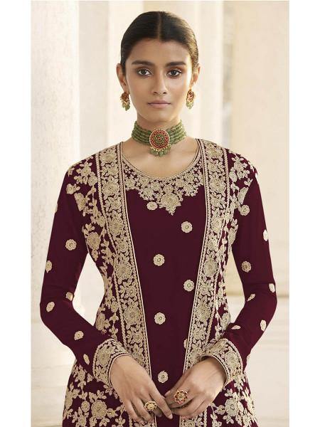 Myra Maroon Jacket style Heavy Embroidered Suit | Grocsy