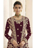 Myra Maroon Jacket style Heavy Embroidered Suit | Grocsy