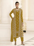 Myra Mustard Yellow Jacket style Heavy Embroidered Suit | Grocsy