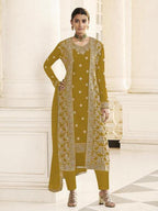Myra Mustard Yellow Jacket style Heavy Embroidered Suit | Grocsy