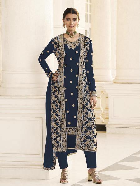 Myra Navy Blue Jacket style Heavy Embroidered Suit | Grocsy