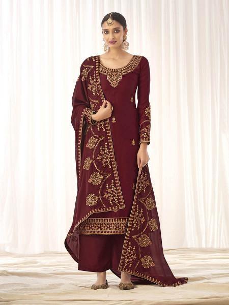 Myra Maroon Georgette Embroidered Palazzo Suit | Grocsy