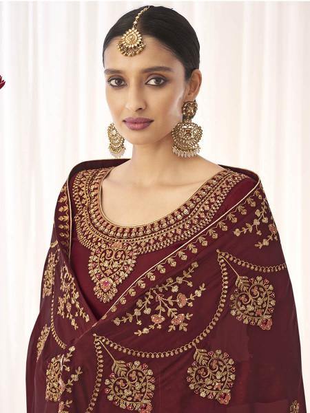 Myra Maroon Georgette Embroidered Palazzo Suit | Grocsy
