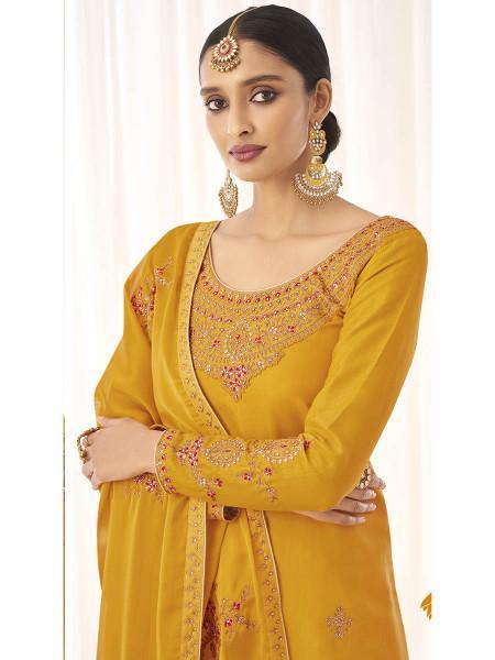 Myra Yellow Georgette Embroidered Palazzo Suit | Grocsy