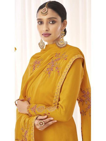 Myra Yellow Georgette Embroidered Palazzo Suit | Grocsy