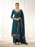 Myra Blue Georgette Embroidered Palazzo Suit | Grocsy