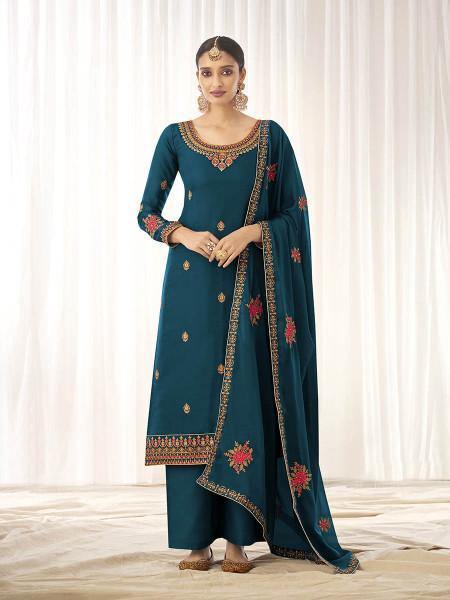 Myra Blue Georgette Embroidered Palazzo Suit | Grocsy