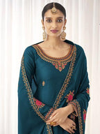 Myra Blue Georgette Embroidered Palazzo Suit | Grocsy