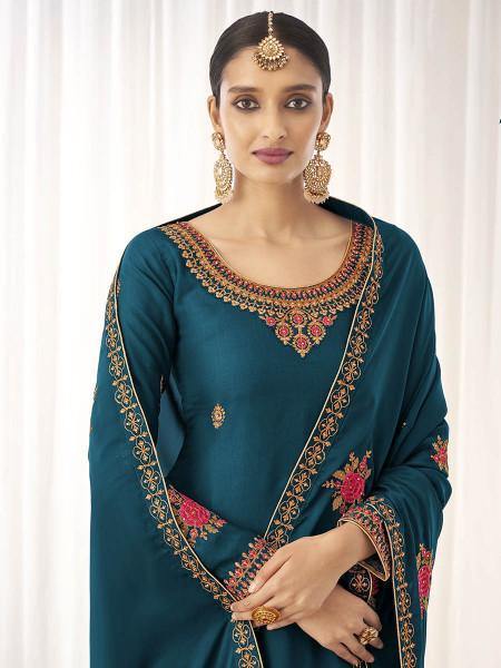 Myra Blue Georgette Embroidered Palazzo Suit | Grocsy