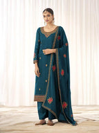 Myra Blue Georgette Embroidered Palazzo Suit | Grocsy