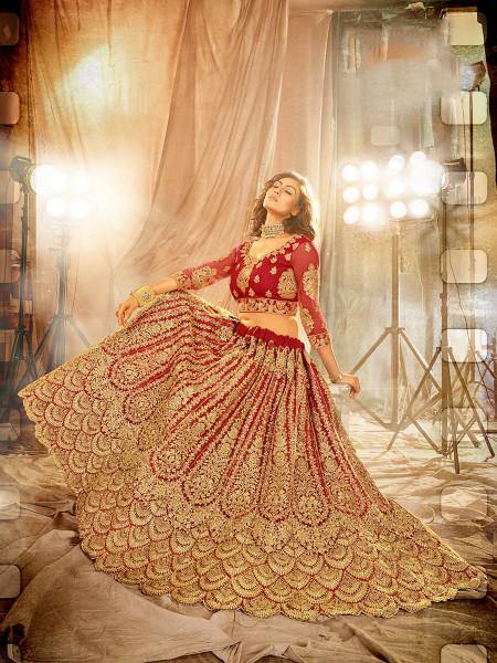 Myra Red Heavy Embroidered Net Lehenga | Grocsy