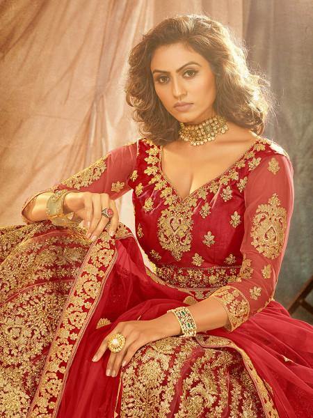 Myra Red Heavy Embroidered Net Lehenga | Grocsy