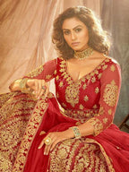 Myra Red Heavy Embroidered Net Lehenga | Grocsy