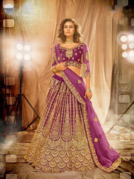 Myra Wine Heavy Embroidered Net Lehenga | Grocsy