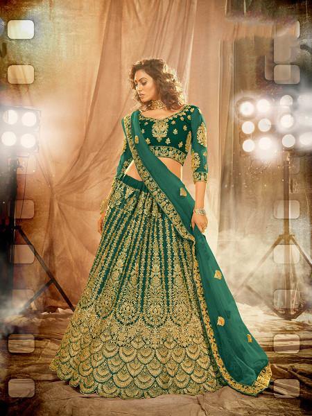 Myra Rama Green Heavy Embroidered Net Lehenga | Grocsy