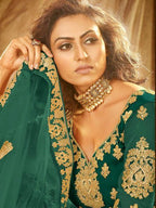 Myra Rama Green Heavy Embroidered Net Lehenga | Grocsy