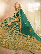 Myra Rama Green Heavy Embroidered Net Lehenga | Grocsy