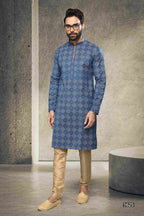 Raivat Ethnic Cotton Printed Work Kurta Pajama In Blue Colour | Grocsy