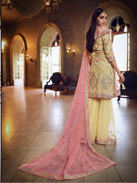 Myra Beige Heavy Embroidered Gharara Sui | Grocsy