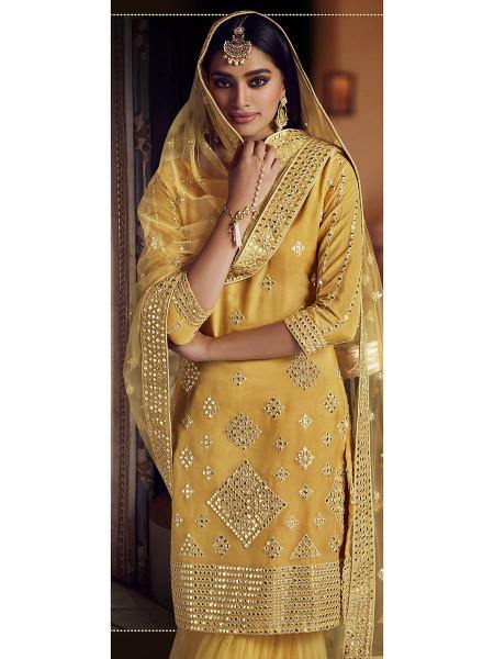 Myra Mustard Yellow Heavy Embroidered Gharara Suit | Grocsy