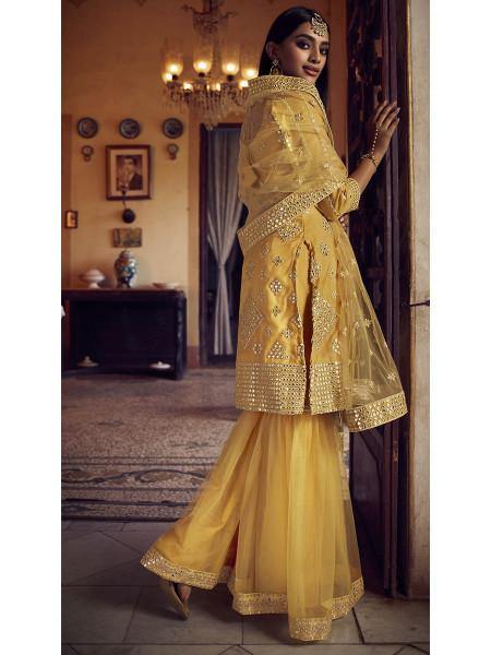 Myra Mustard Yellow Heavy Embroidered Gharara Suit | Grocsy