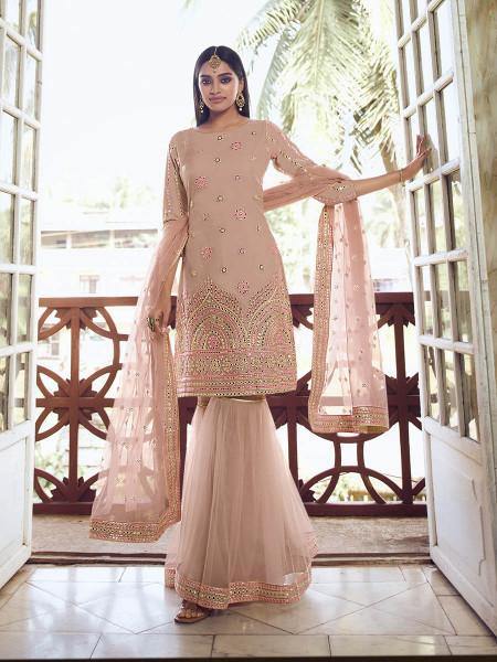 Myra Light Peach Heavy Embroidered Gharara Suit | Grocsy