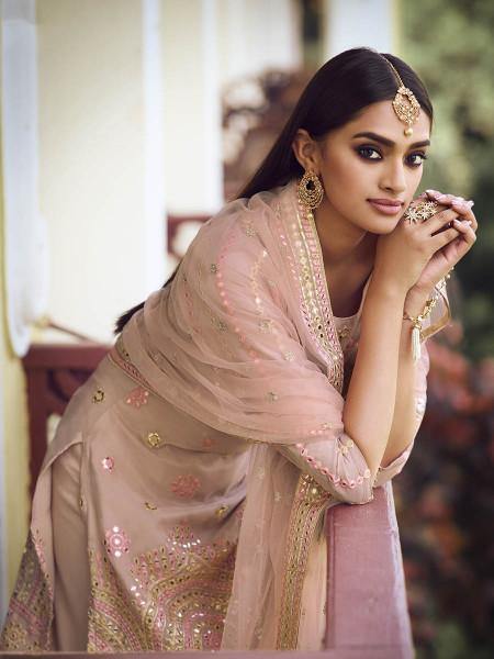 Myra Light Peach Heavy Embroidered Gharara Suit | Grocsy