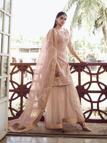 Myra Light Peach Heavy Embroidered Gharara Suit | Grocsy