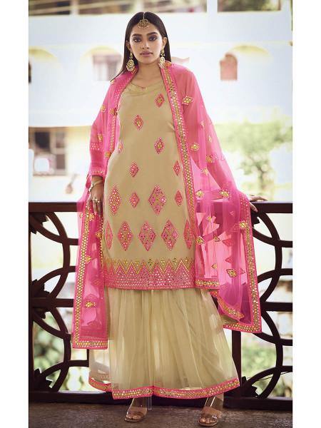 Myra Beige and Pink Heavy Embroidered Gharara Suit | Grocsy