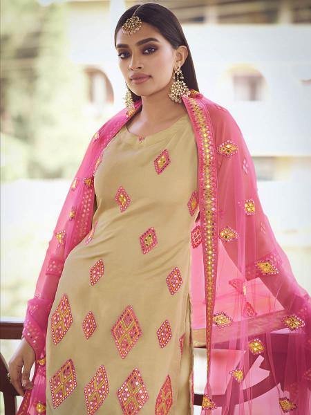 Myra Beige and Pink Heavy Embroidered Gharara Suit | Grocsy