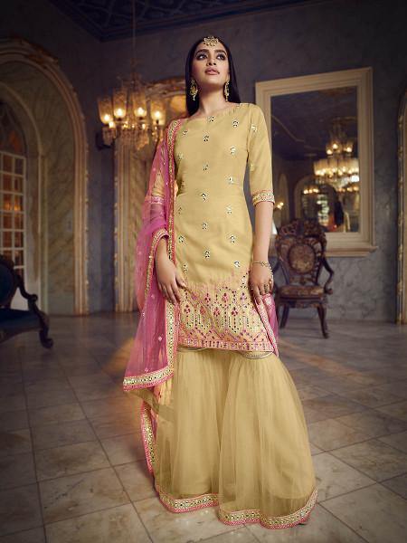 Myra Beige Heavy Beautiful Embroidered Gharara Suit | Grocsy