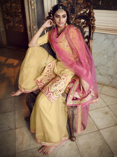 Myra Beige Heavy Beautiful Embroidered Gharara Suit | Grocsy