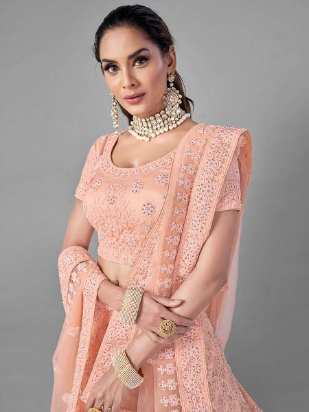 Myra Peach Heavy Embroidered Soft Net Bridal Beautiful Lehenga | Grocsy