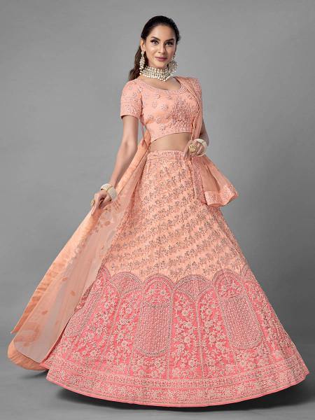 Myra Peach Heavy Embroidered Soft Net Bridal Beautiful Lehenga | Grocsy