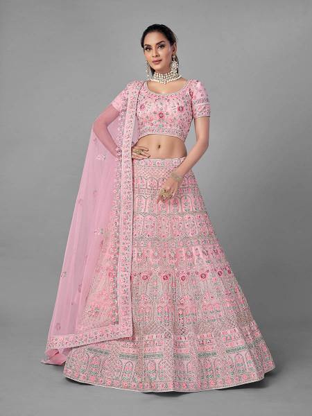 Myra Traditional Bridal Lehenga in Pink Heavy Embroidered Soft Net | Grocsy