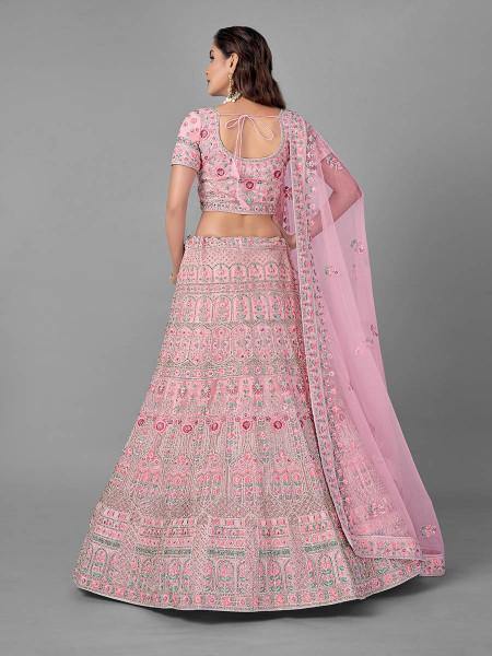Myra Traditional Bridal Lehenga in Pink Heavy Embroidered Soft Net | Grocsy