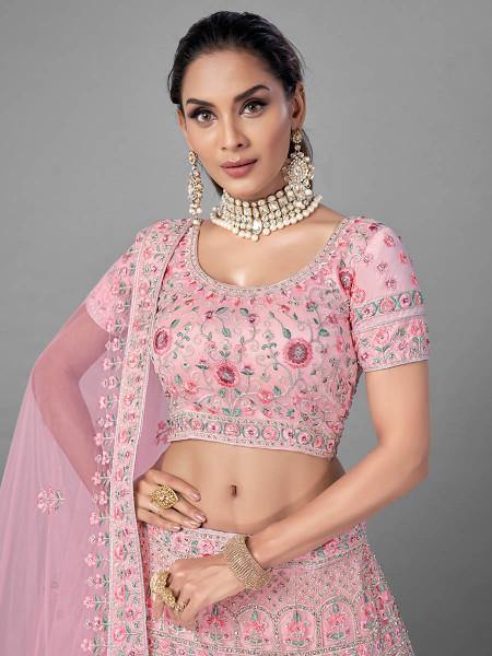 Myra Traditional Bridal Lehenga in Pink Heavy Embroidered Soft Net | Grocsy