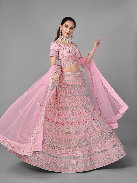 Myra Traditional Bridal Lehenga in Pink Heavy Embroidered Soft Net | Grocsy