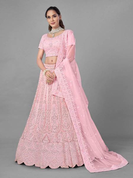 Myra Traditional Pink Heavy Embroidered Soft Net Bridal Lehenga | Grocsy