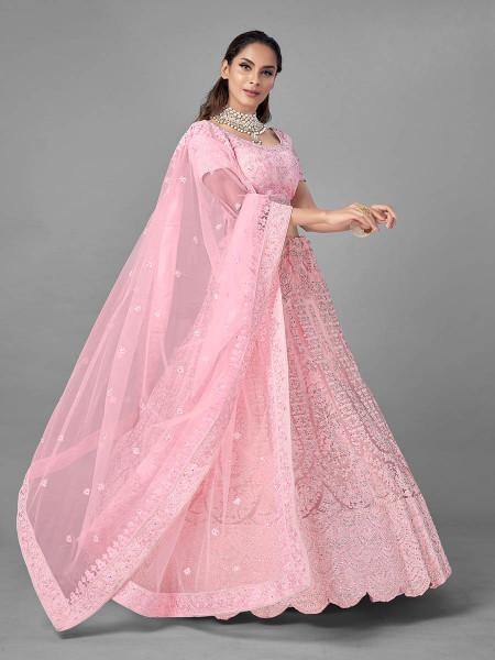 Myra Pink Heavy Embroidered Soft Net bridal Lehenga | Grocsy