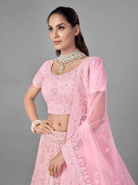 Myra Traditional Pink Heavy Embroidered Soft Net Bridal Lehenga | Grocsy